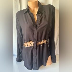 Forever 21 Black Collared Button Up Blouse w Criss Cross Lace Detail Size L NWT